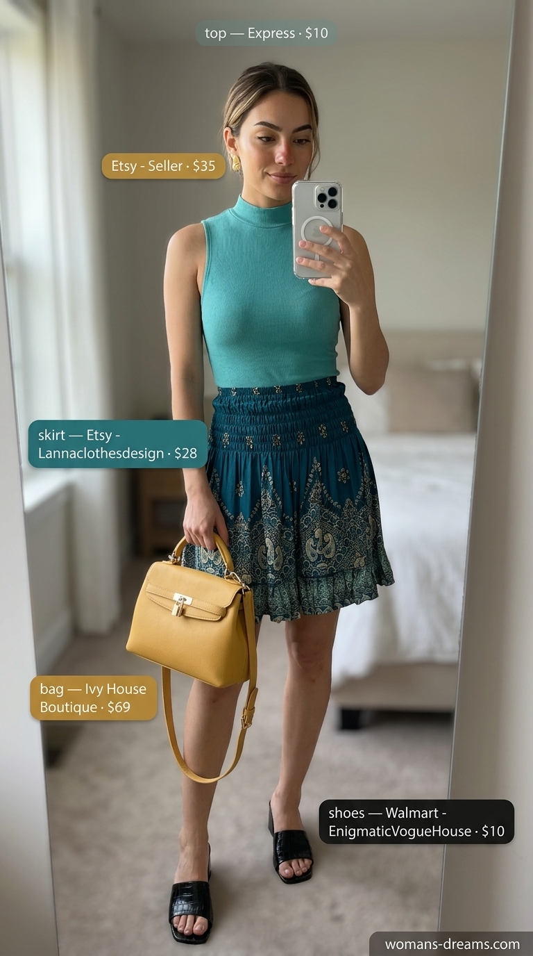 Vibrant floral mini skirt outfit summer 2026: Teal abstract skirt with mustard bag and mock neck top.
