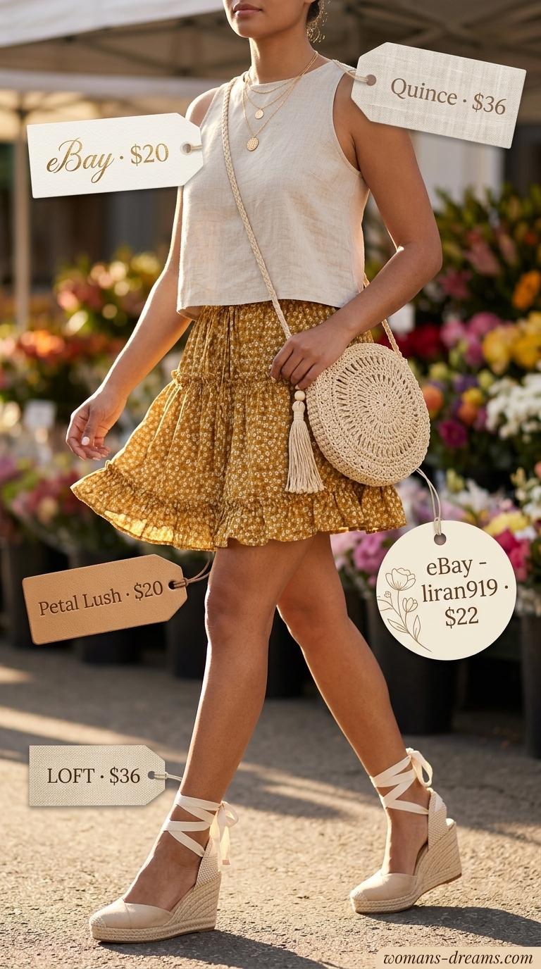 Boho festival outfit with cream crop top, terracotta floral mini skirt, layered necklaces, straw bag, and espadrilles.