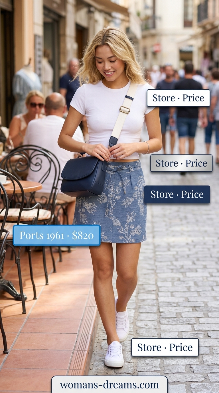 Fresh floral mini skirt outfit summer 2026: Light blue skirt with white top, sneakers, and crossbody bag.