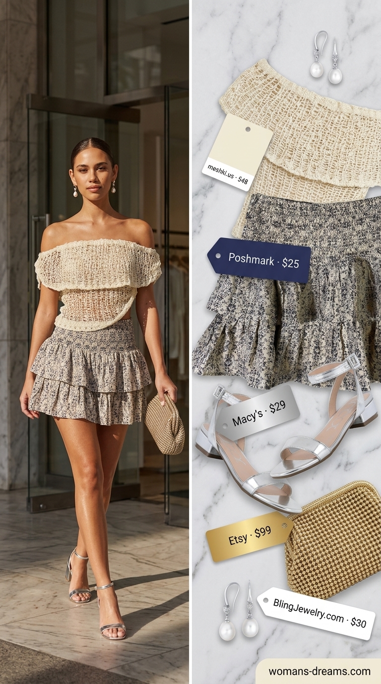 Dusty blue floral mini skirt outfit summer 2026: Cream off-shoulder top, silver sandals, and clutch for resort dinner.