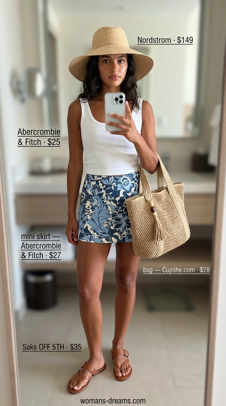 Navy floral mini skirt outfit summer 2026: White knit tank, straw hat, sandals, and tote for coastal vacation.