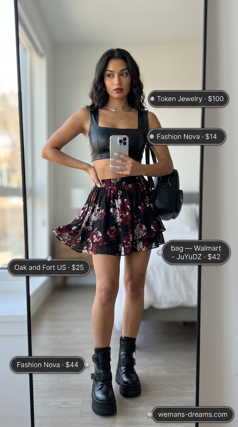 Edgy floral mini skirt outfit summer 2026: Black crop top, boots, and silver necklace for night out.