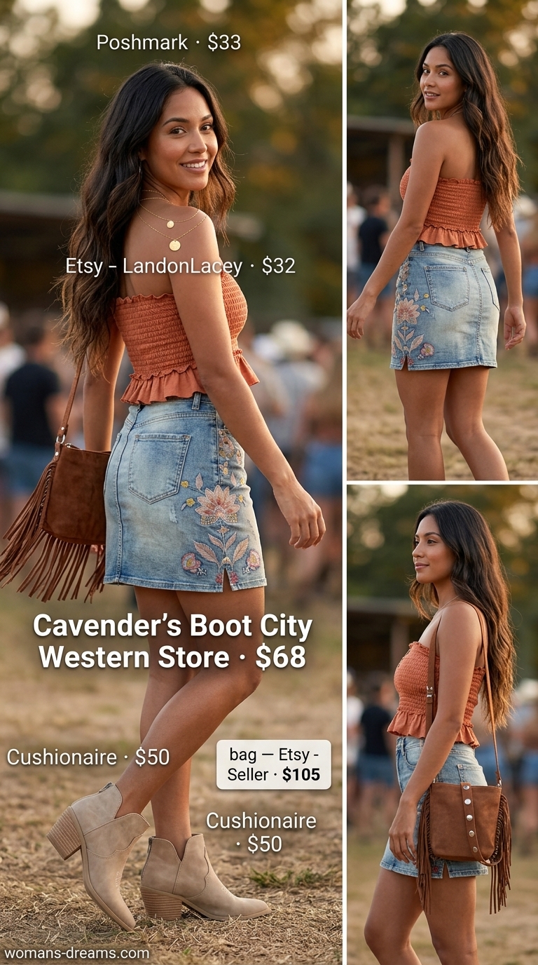 Boho floral mini skirt outfit summer 2026: Denim skirt with rust top, western boots, and fringe bag.