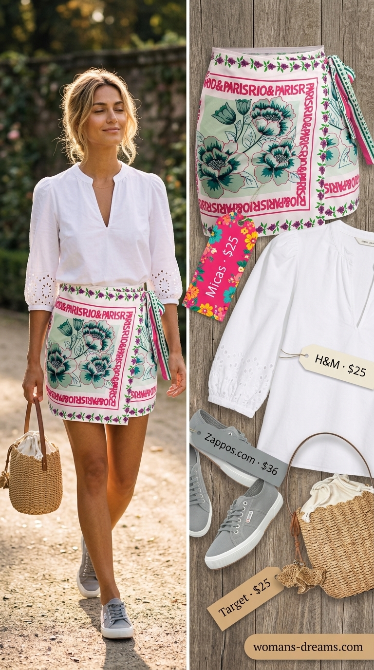 Lavender floral mini skirt outfit summer 2026: White peasant blouse, sneakers, and straw bag for garden party.
