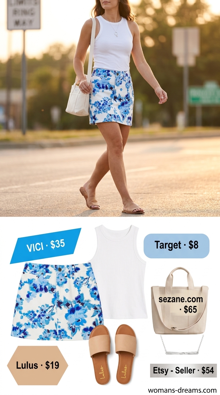 Picnic outfit: sky blue floral mini skirt, white tank top, silver necklace, canvas tote, and slide sandals.
