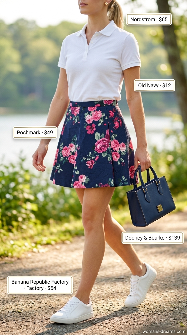 Preppy floral mini skirt outfit summer 2026: White polo, navy skirt, sneakers, and shoulder bag for brunch.