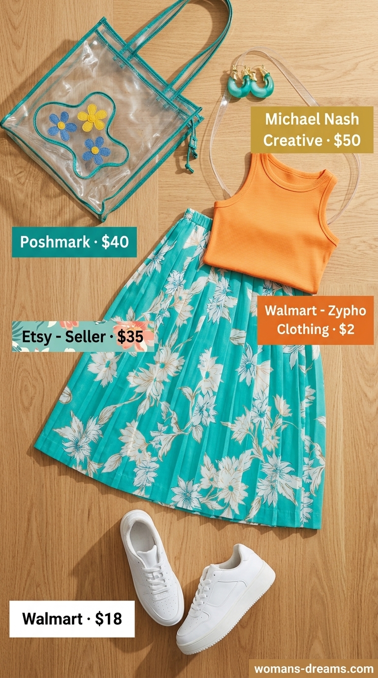 Retro floral mini skirt outfit summer 2026: Teal & orange skirt with white crop top, clear PVC bag, and sneakers.