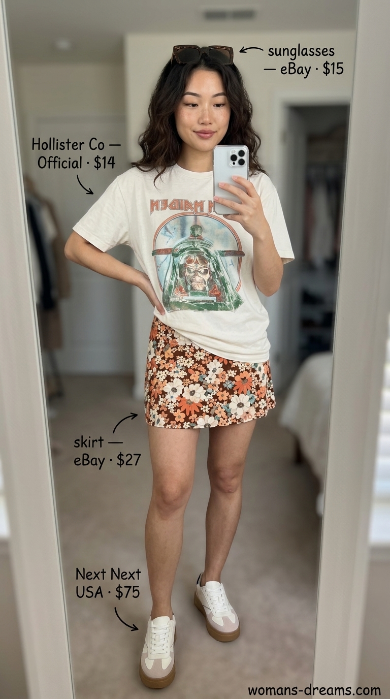 Retro floral mini skirt outfit summer 2026: Cream graphic tee, brown bag, and platform sneakers for drive-in.