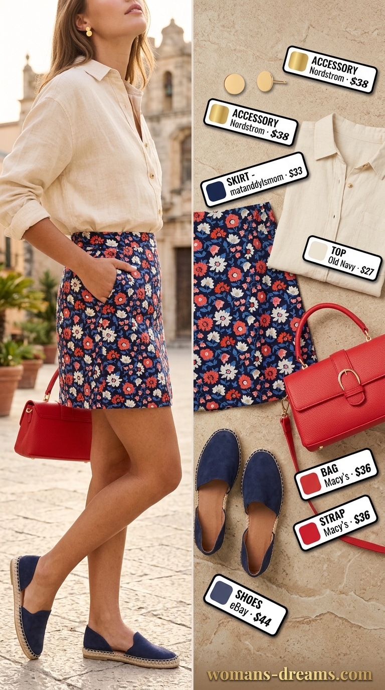 Classic floral mini skirt outfit summer 2026: Navy skirt with white shirt, espadrilles, and red bag.