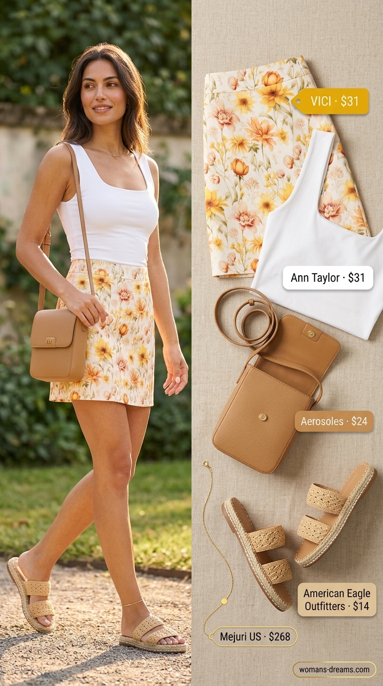 Sunny brunch outfit: yellow floral mini skirt, white tank top, tan crossbody bag, and espadrille slides.