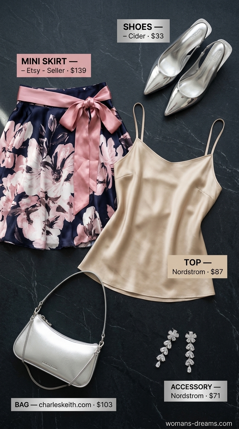Elegant floral mini skirt outfit summer 2026: Satin skirt with blush top, slingbacks, and silver bag.