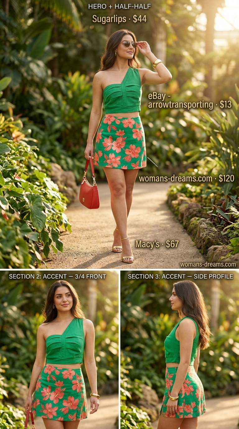 Tropical glam outfit: emerald & coral floral mini skirt, emerald one-shoulder top, gold bangles, and gold heels.