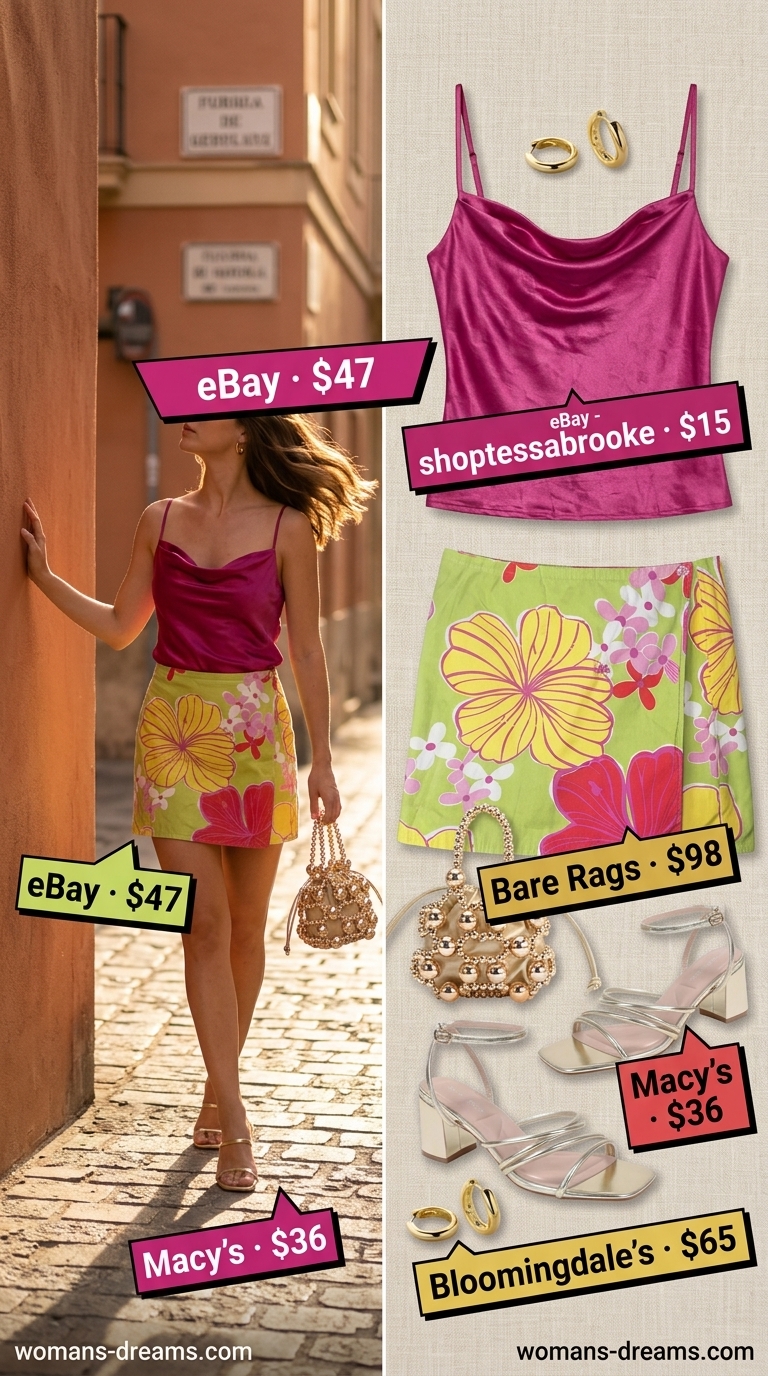 Tropical party outfit: fuchsia & lime floral mini skirt, white cowl neck cami, gold sandals, and gold hoops.