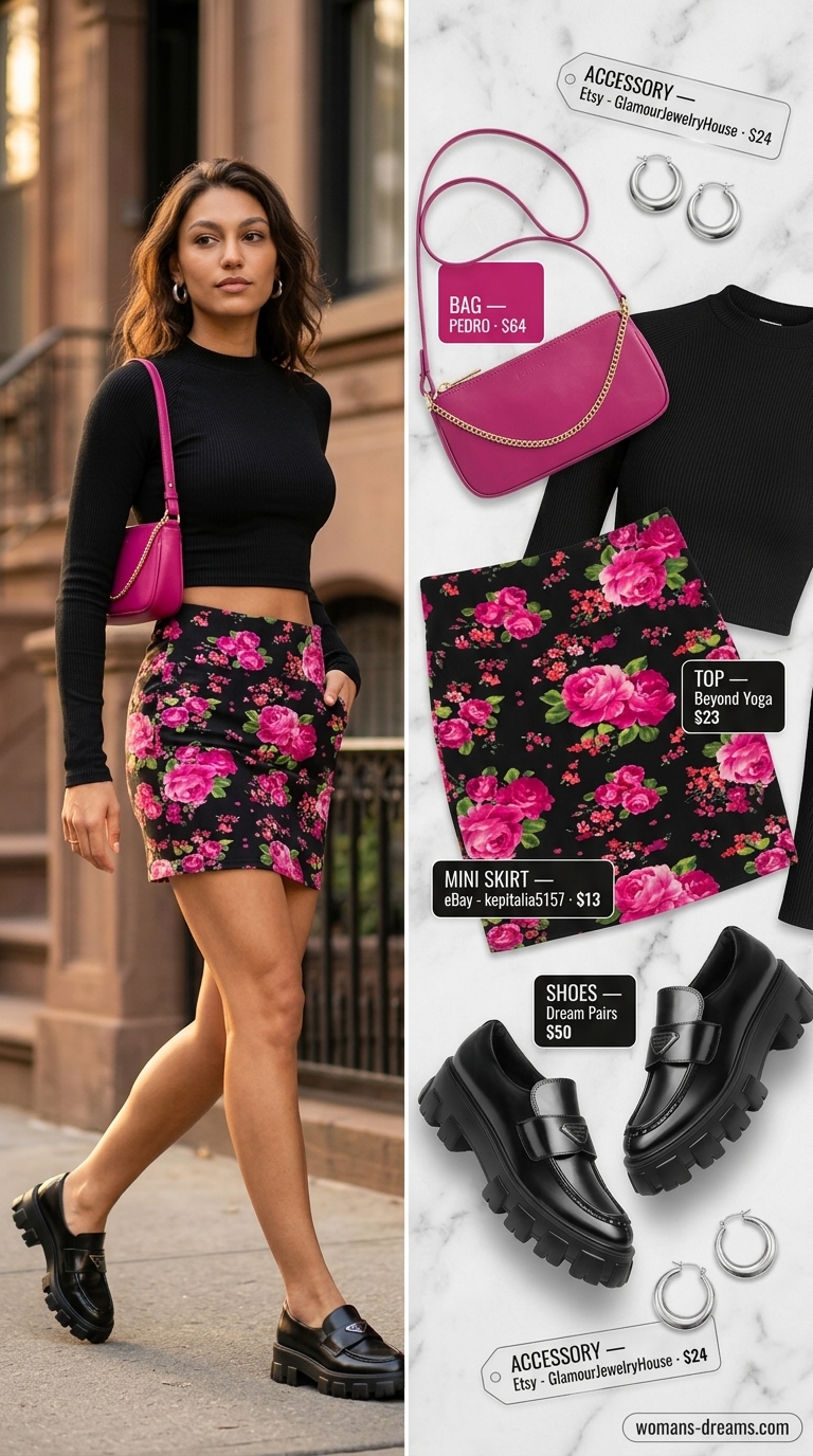 Fuchsia floral mini skirt outfit summer 2026: Black crop top, loafers, and shoulder bag for city exploration.