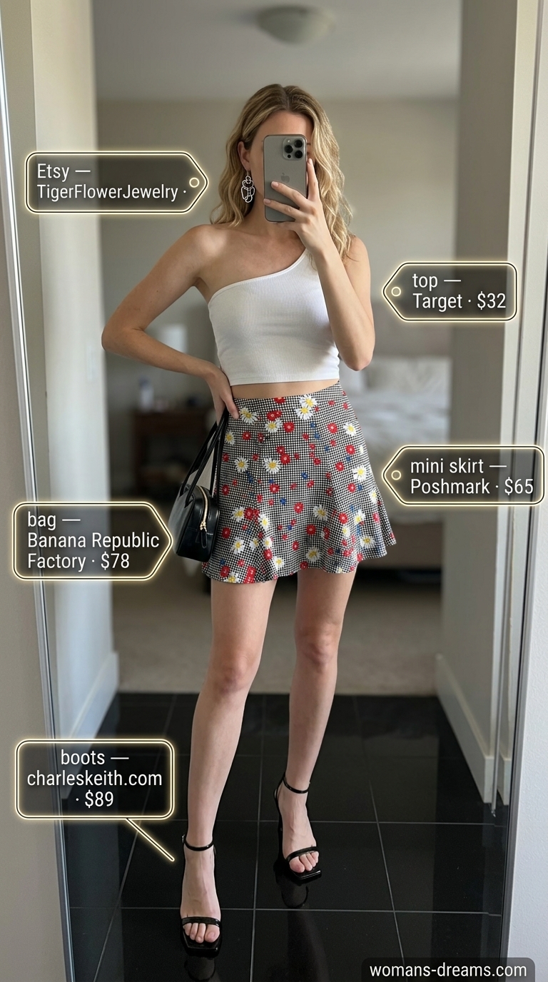 Chic floral mini skirt outfit summer 2026: Black skirt with red florals, white one-shoulder top, and strappy heels.