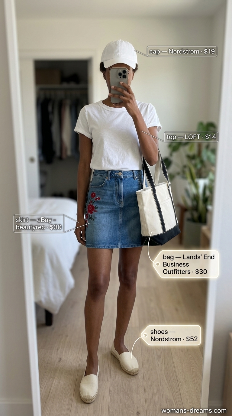 Denim floral mini skirt outfit summer 2026: White tee, espadrilles, canvas tote, and cap for farmer's market.