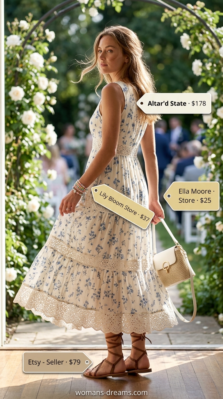 Bohemian floral summer wedding guest outfit 2026: Earth tone floral dress, gladiator sandals, beaded bracelets, straw bag.