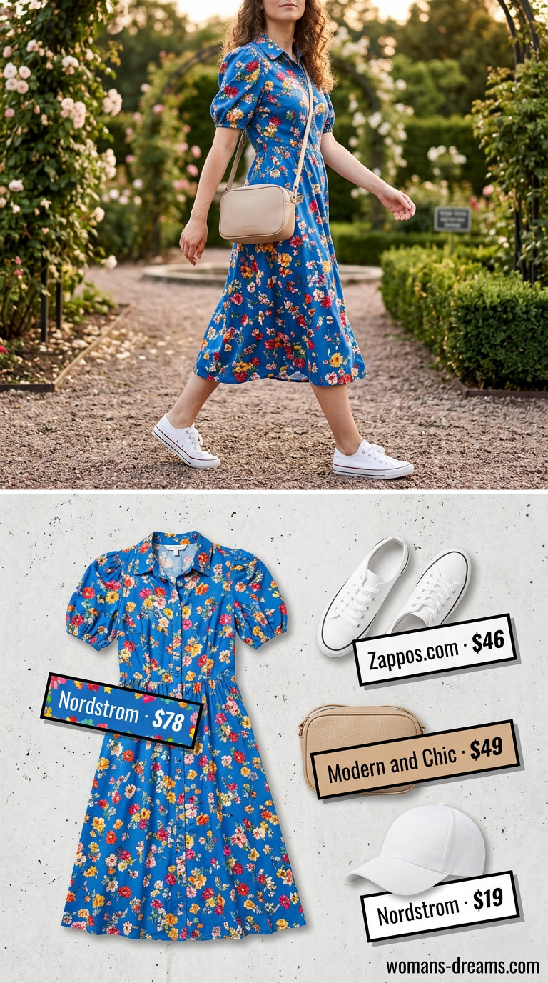 Casual floral summer wedding guest outfit 2026: Pastel floral shirt dress, white sneakers, baseball cap, beige crossbody.
