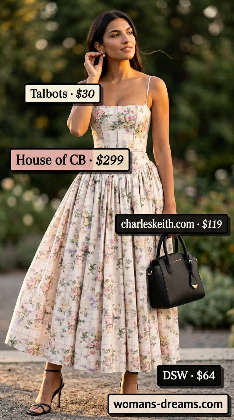 Sophisticated floral summer wedding guest outfit 2026: Floral dress, black heeled sandals, pearl earrings, top-handle bag.