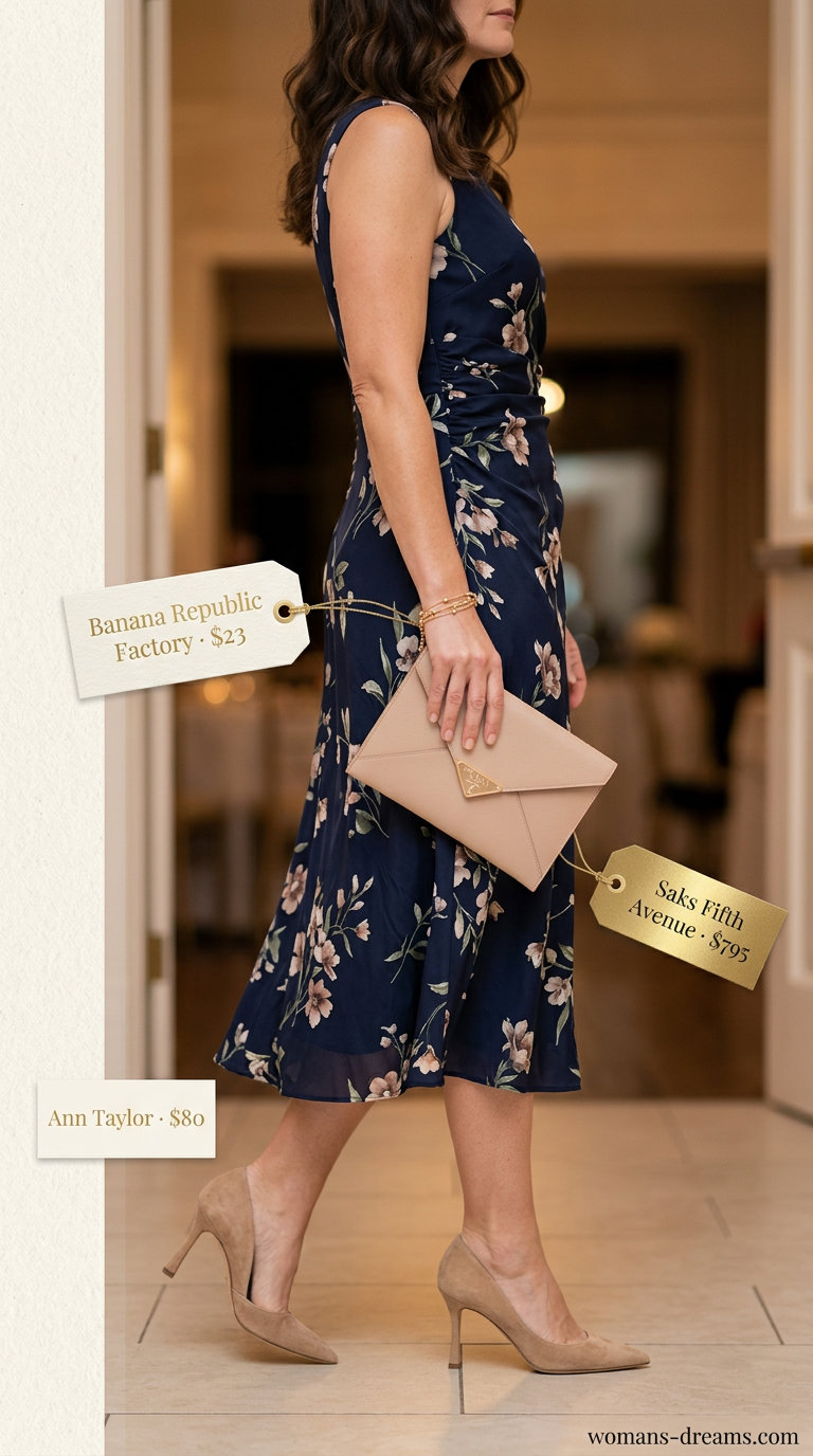Elegant floral summer wedding guest outfit 2026: Navy floral midi dress, nude pumps, gold bracelet, nude clutch.