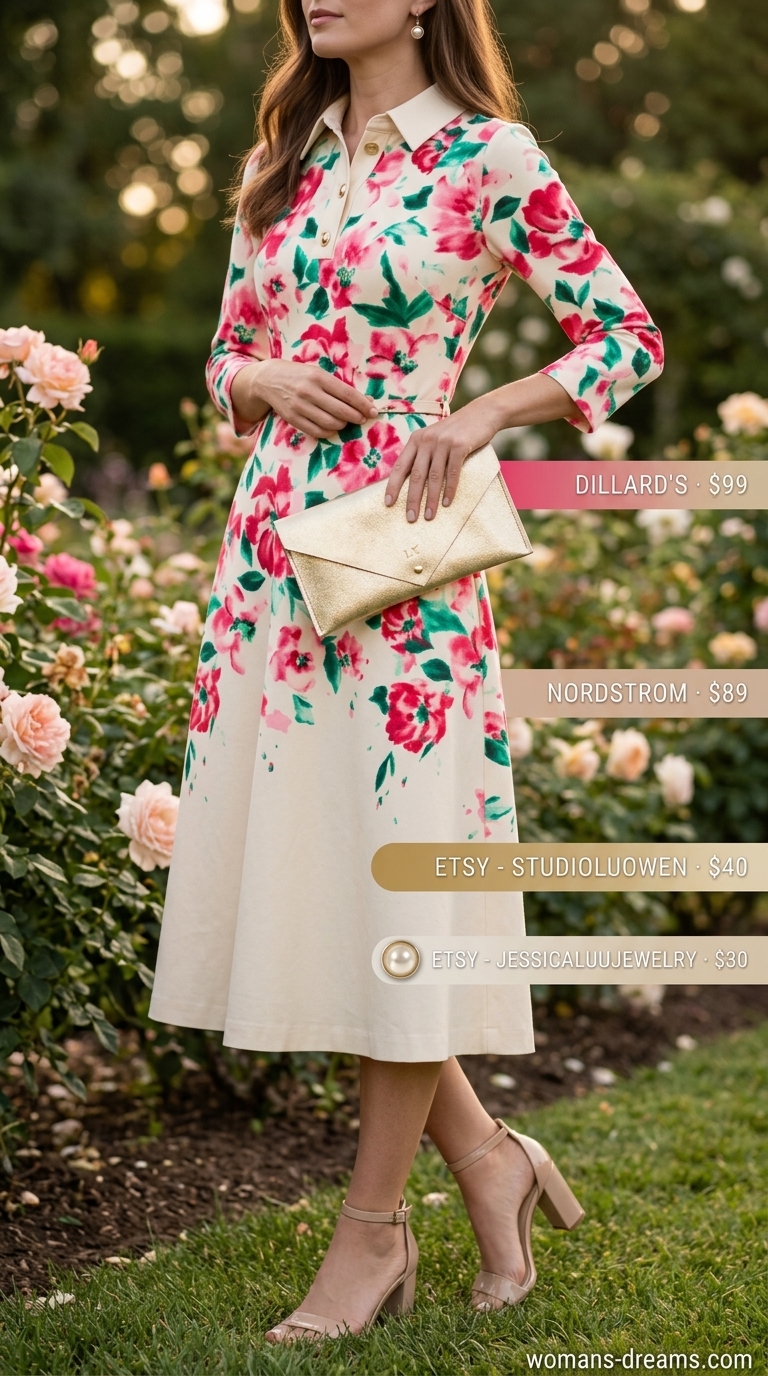 Floral summer wedding guest outfit 2026: Ivory floral midi dress, gold clutch, pearl earrings, nude sandals.