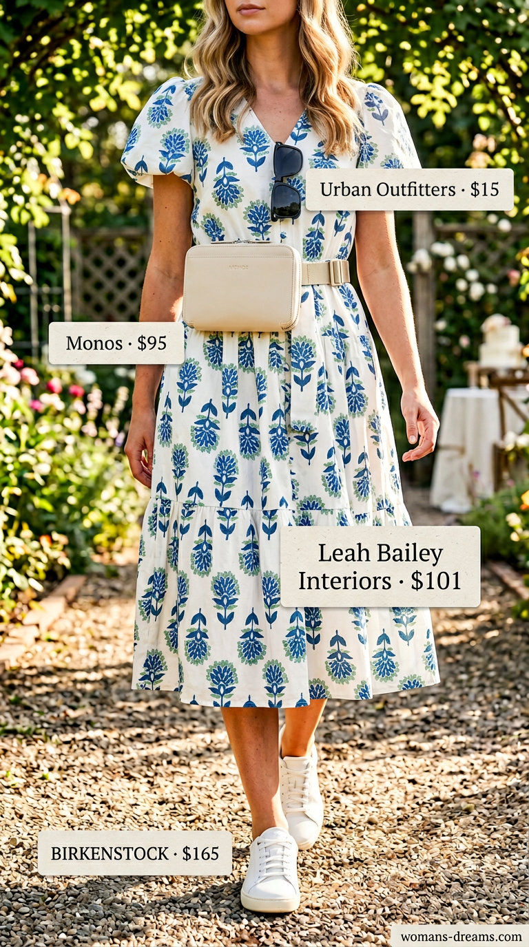 Modern floral summer wedding guest outfit 2026: Blue floral midi dress, white sneakers, beige belt bag, sunglasses.
