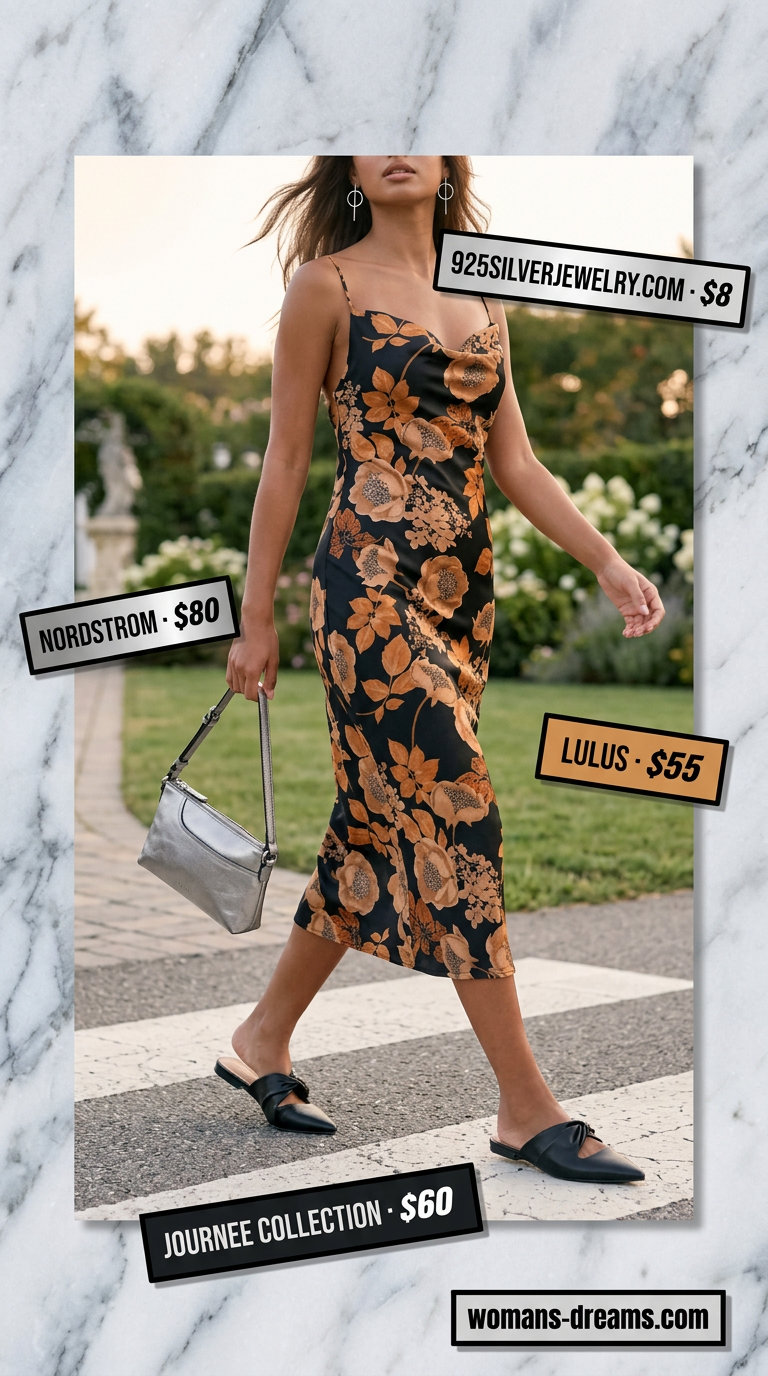 Chic floral summer wedding guest outfit 2026: Black floral slip dress, silver bag, silver earrings, black mules.