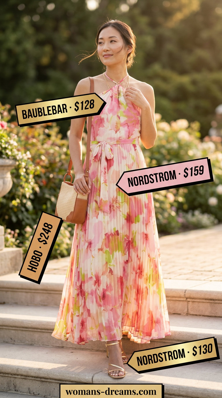 Romantic floral summer wedding guest outfit 2026: Pink floral maxi dress, gold necklaces, straw bag, gold block heels.