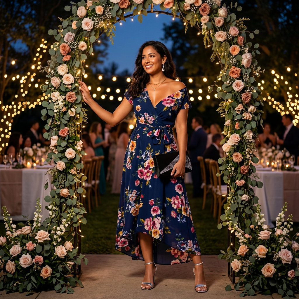 Glamorous floral summer wedding guest outfit 2026: Navy floral midi wrap dress, silver sandals, crystal earrings, embellished clutch.