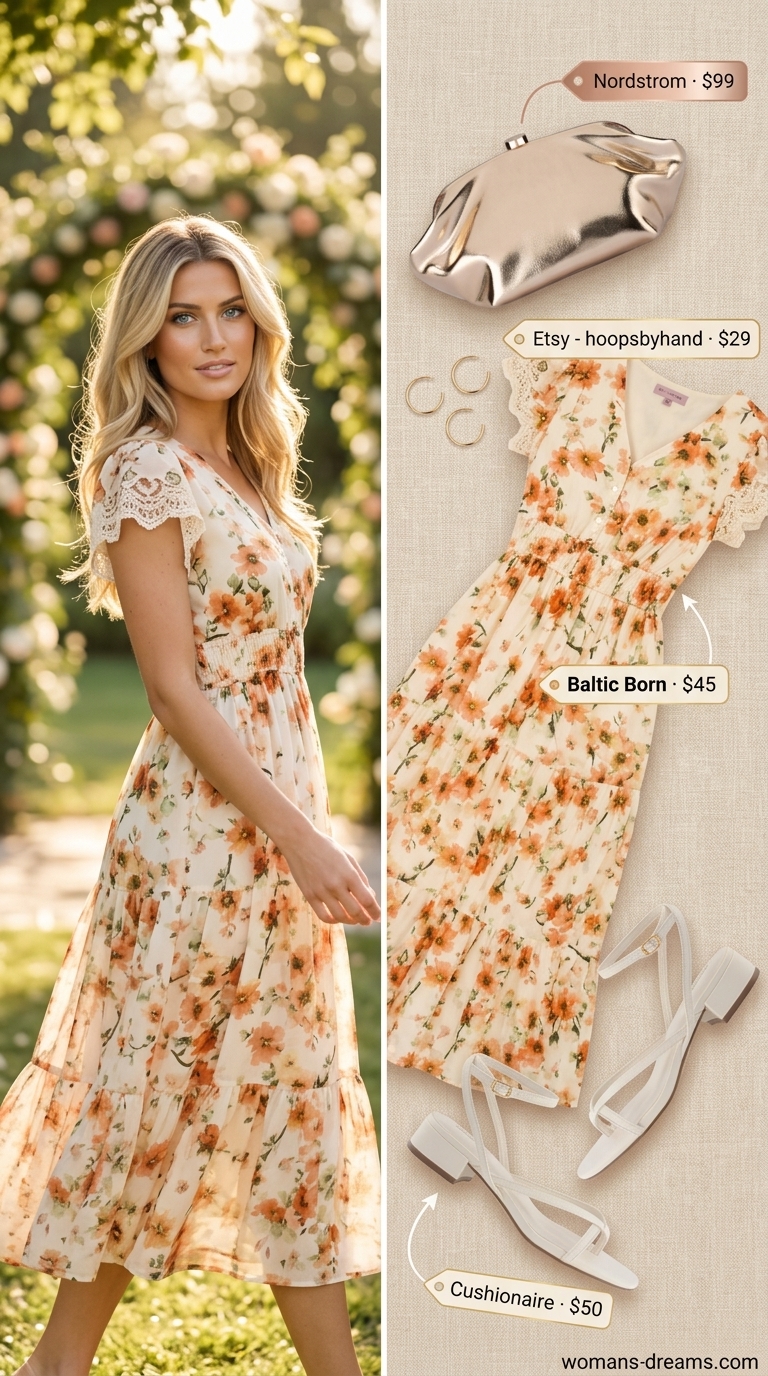 Coral floral midi wrap dress for a romantic summer wedding guest outfit 2026. Feminine coral floral dress with cream sandals.