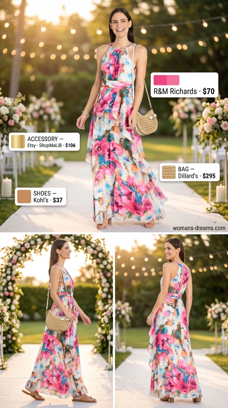 Multi-color floral maxi dress for a vibrant summer wedding guest outfit 2026. Festive multi-color floral maxi dress with flat sandals.