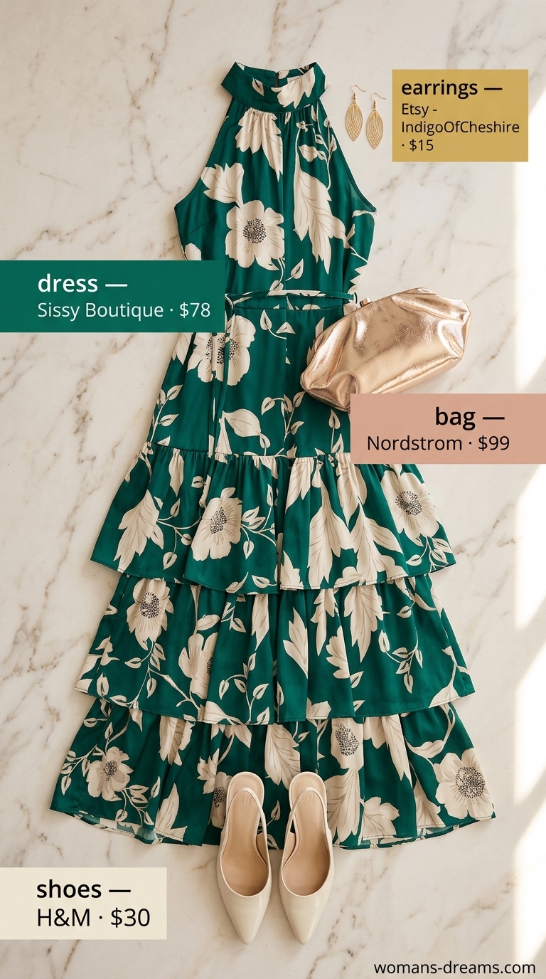 Green floral maxi dress for an elegant summer wedding guest outfit 2026. Sophisticated green floral maxi dress with cream heels.