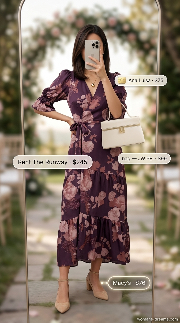 Lavender floral midi dress for a summer wedding guest outfit 2026. Feminine lavender floral wrap dress with nude heels.