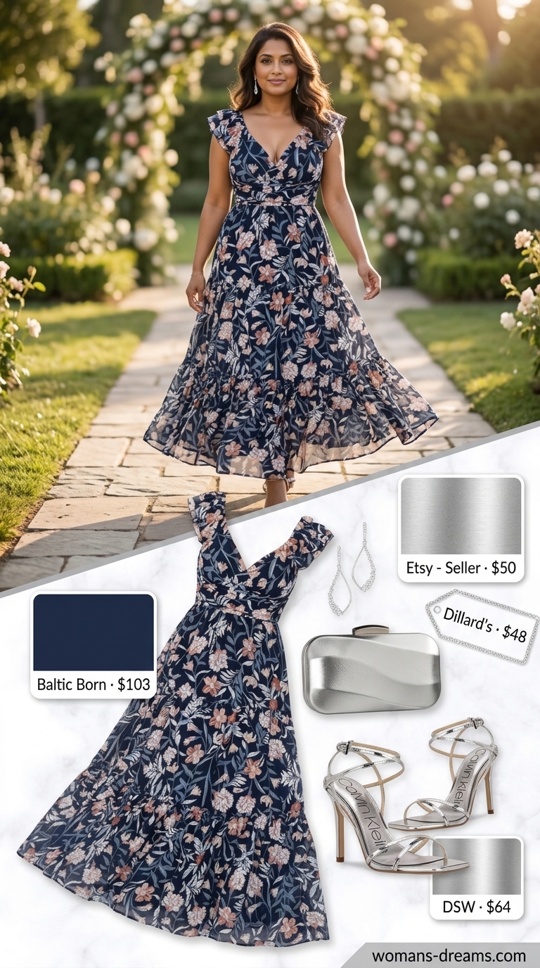 Navy floral maxi dress for a formal summer wedding guest outfit 2026. Elegant navy floral dress with silver sandals.