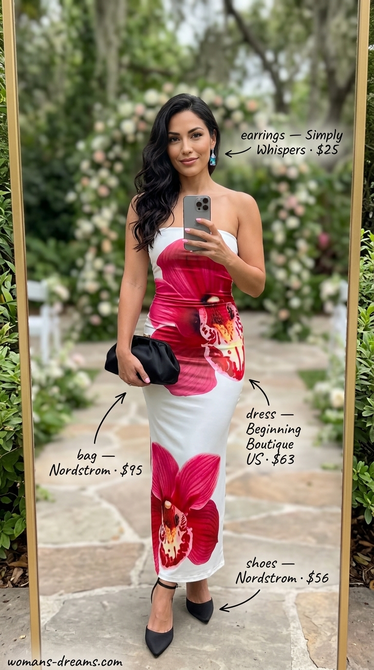 Orchid floral maxi dress for a formal summer wedding guest outfit 2026. Sophisticated orchid floral dress with black heels.