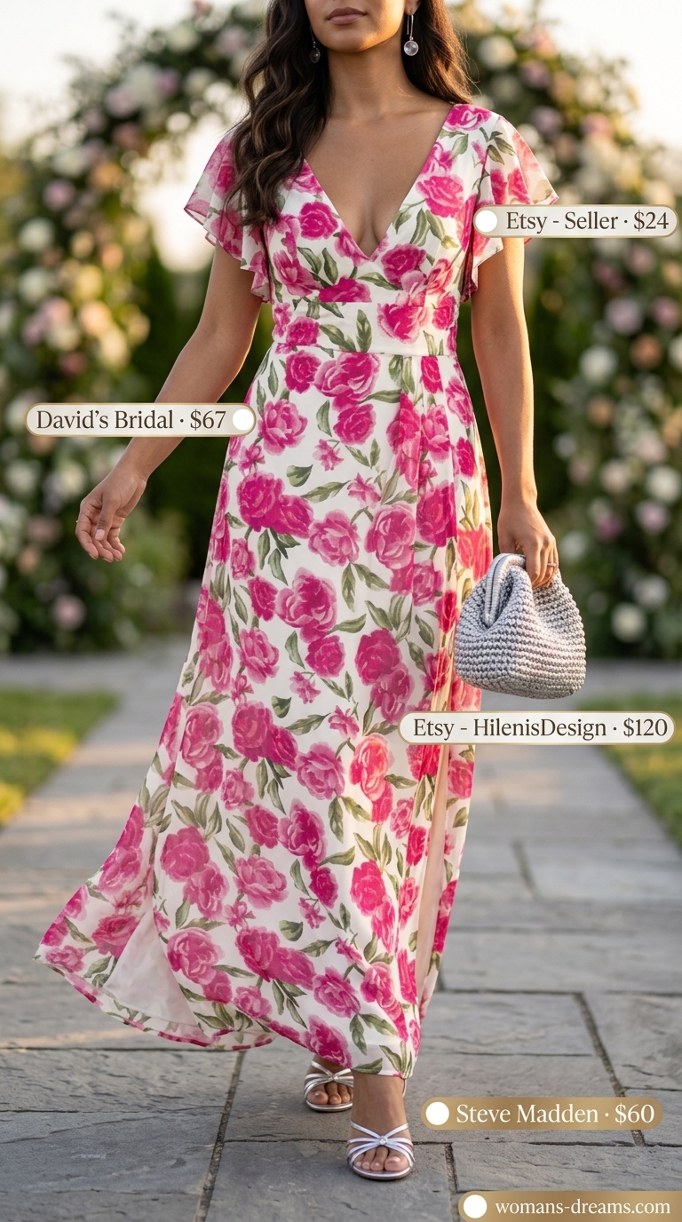 Blush floral A-line dress with silver sandals and clutch for floral summer wedding guest outfits 2026.