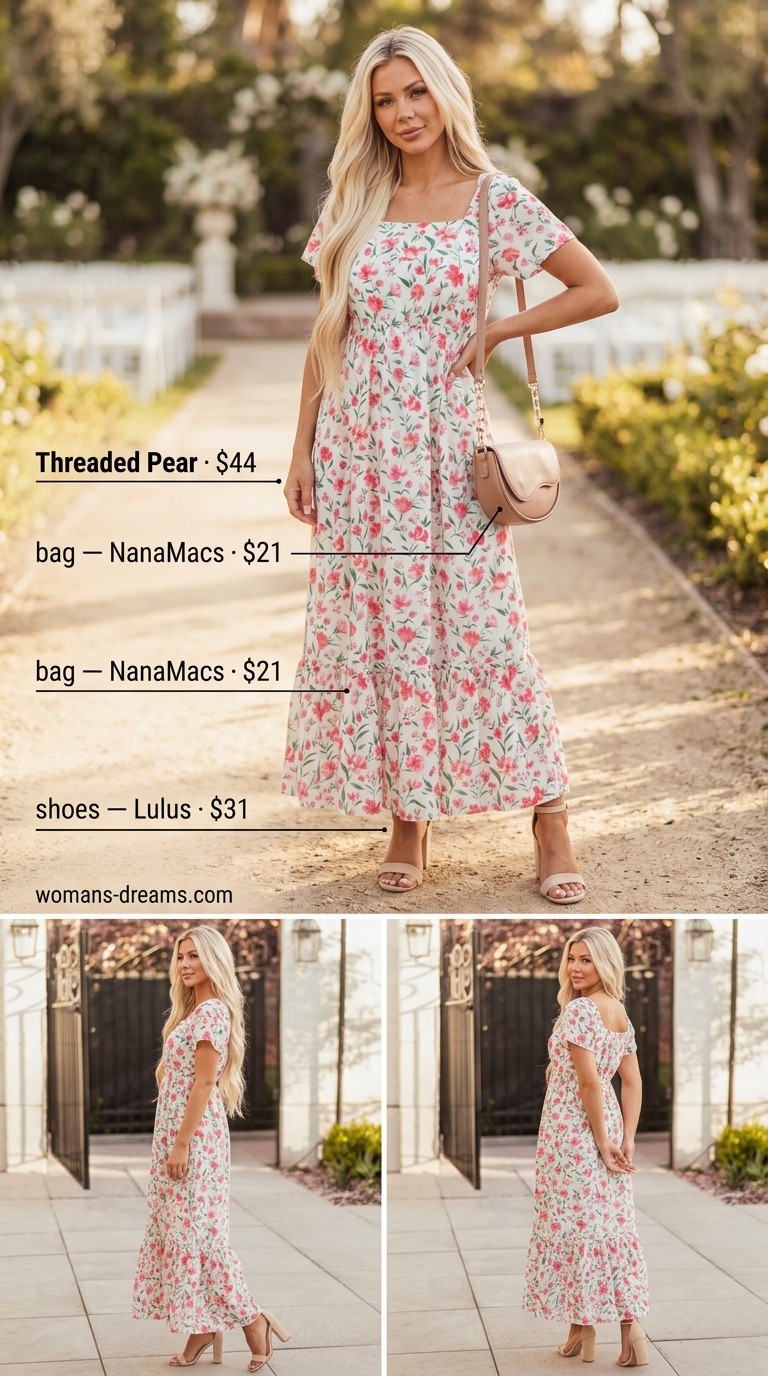 Blush floral maxi dress with nude heels and rose gold bag for floral summer wedding guest outfits 2026.