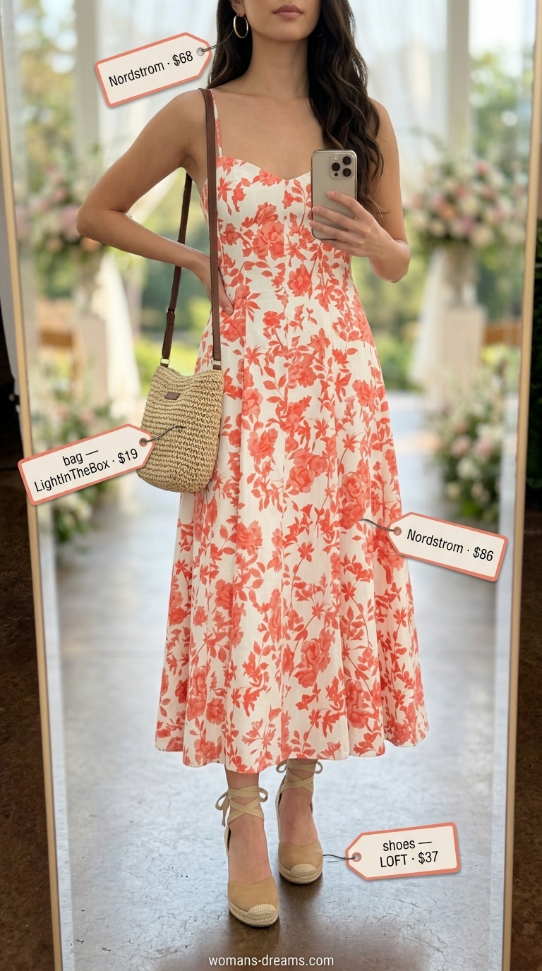 Coral floral fit-and-flare dress with espadrilles and straw bag for floral summer wedding guest outfits 2026.