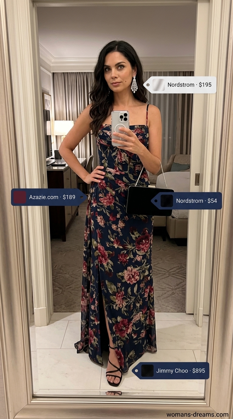 Dark floral maxi dress with statement earrings and black heels for floral summer wedding guest outfits 2026.