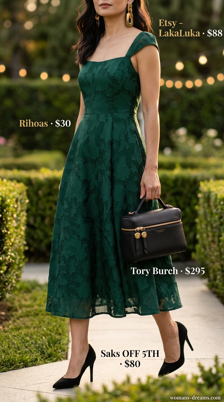 Emerald green floral jacquard sheath dress with gold earrings for floral summer wedding guest outfits 2026.