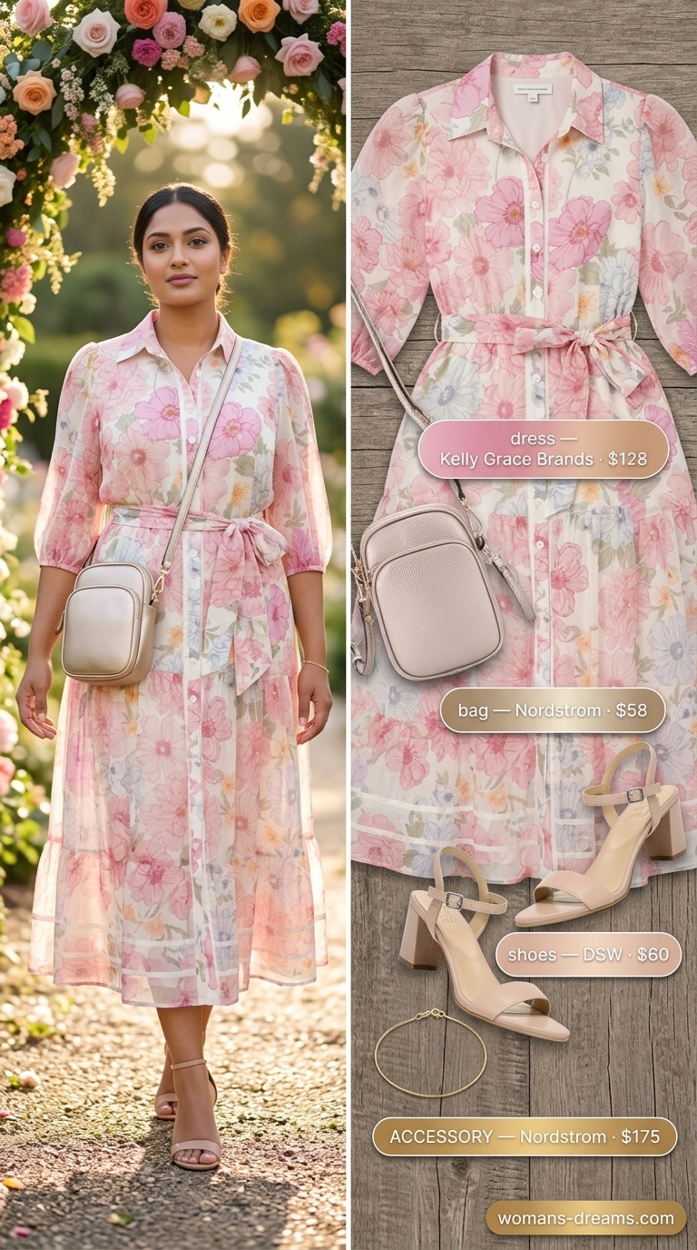 Pastel floral shirt dress with block heels and crossbody bag for floral summer wedding guest outfits 2026.