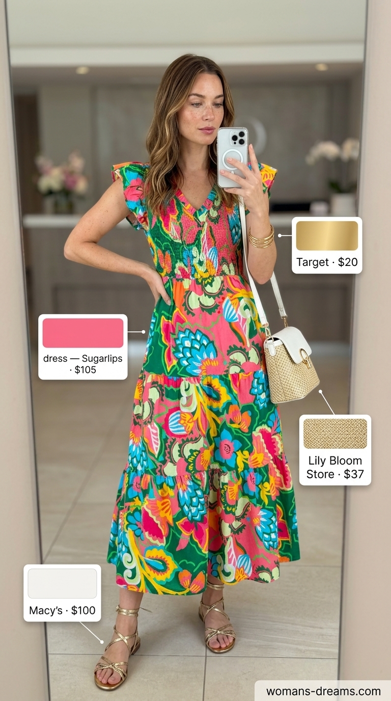 Tropical floral midi dress with gold sandals and straw bag for floral summer wedding guest outfits 2026.