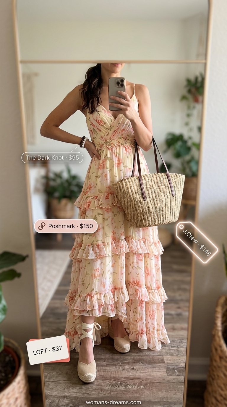Yellow floral maxi dress with espadrilles and straw tote for floral summer wedding guest outfits 2026.