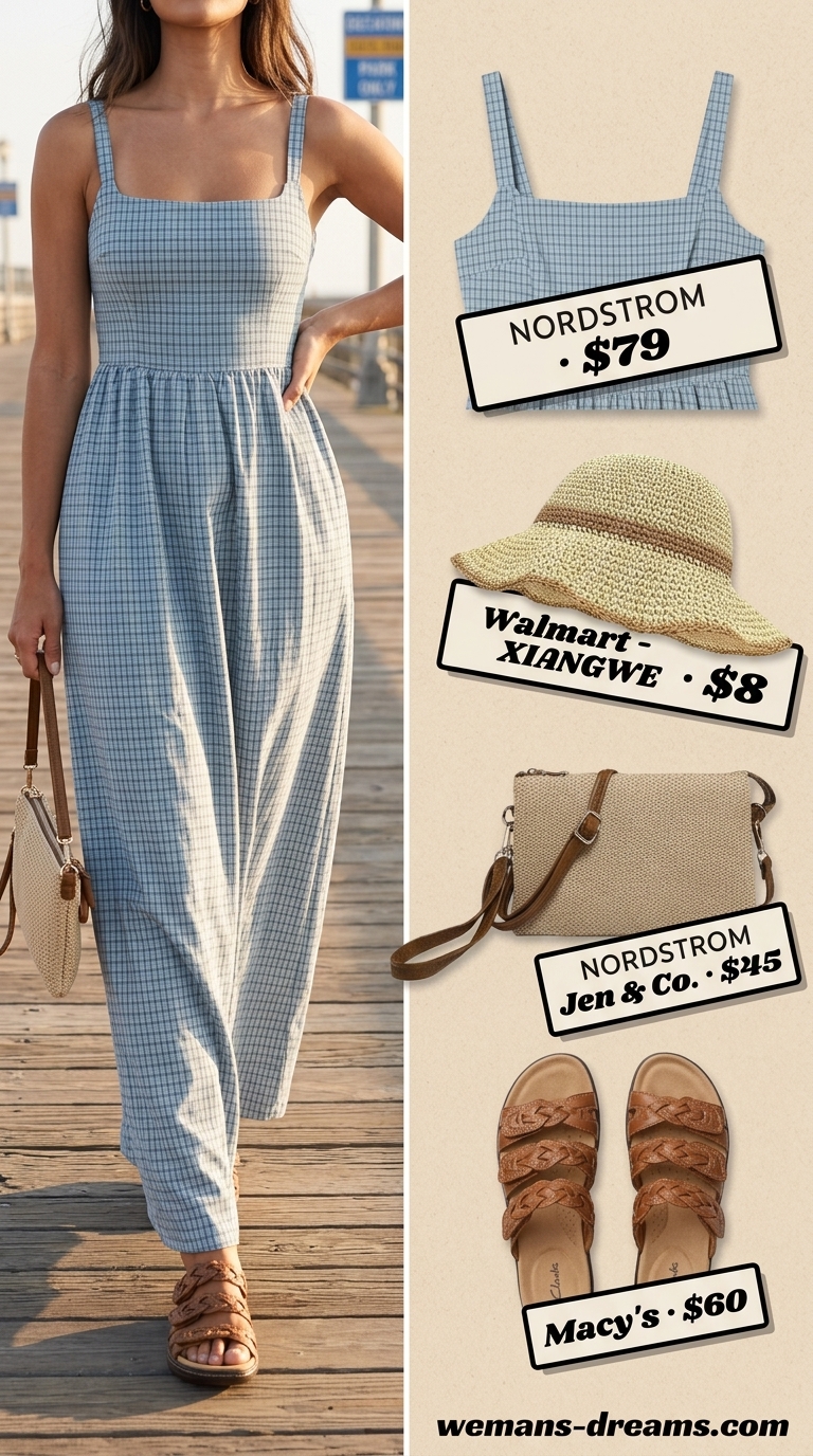 Coastal blue and white gingham summer sundress 2026 for beach days with straw hat and flat sandals.