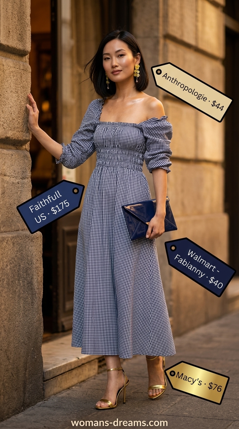 Chic navy and white gingham summer sundress 2026 for date night with gold accessories and strappy heels.