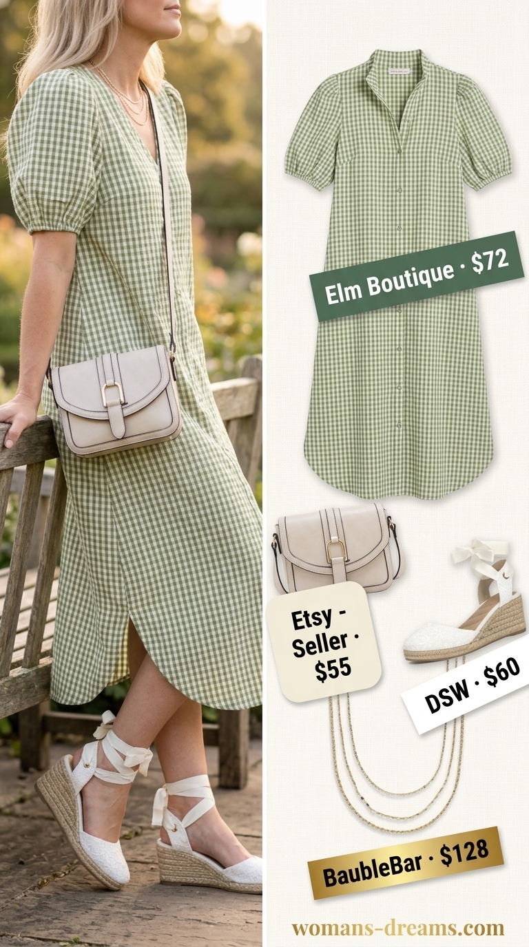 Elegant sage green and cream gingham summer sundress 2026 for garden parties with espadrilles and gold jewelry.