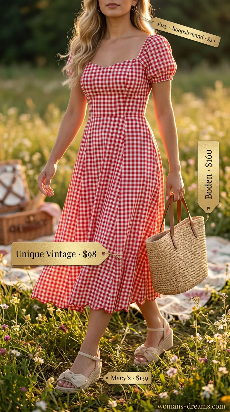 Red and white gingham summer sundress 2026 for a picnic, with espadrilles and a straw tote bag.