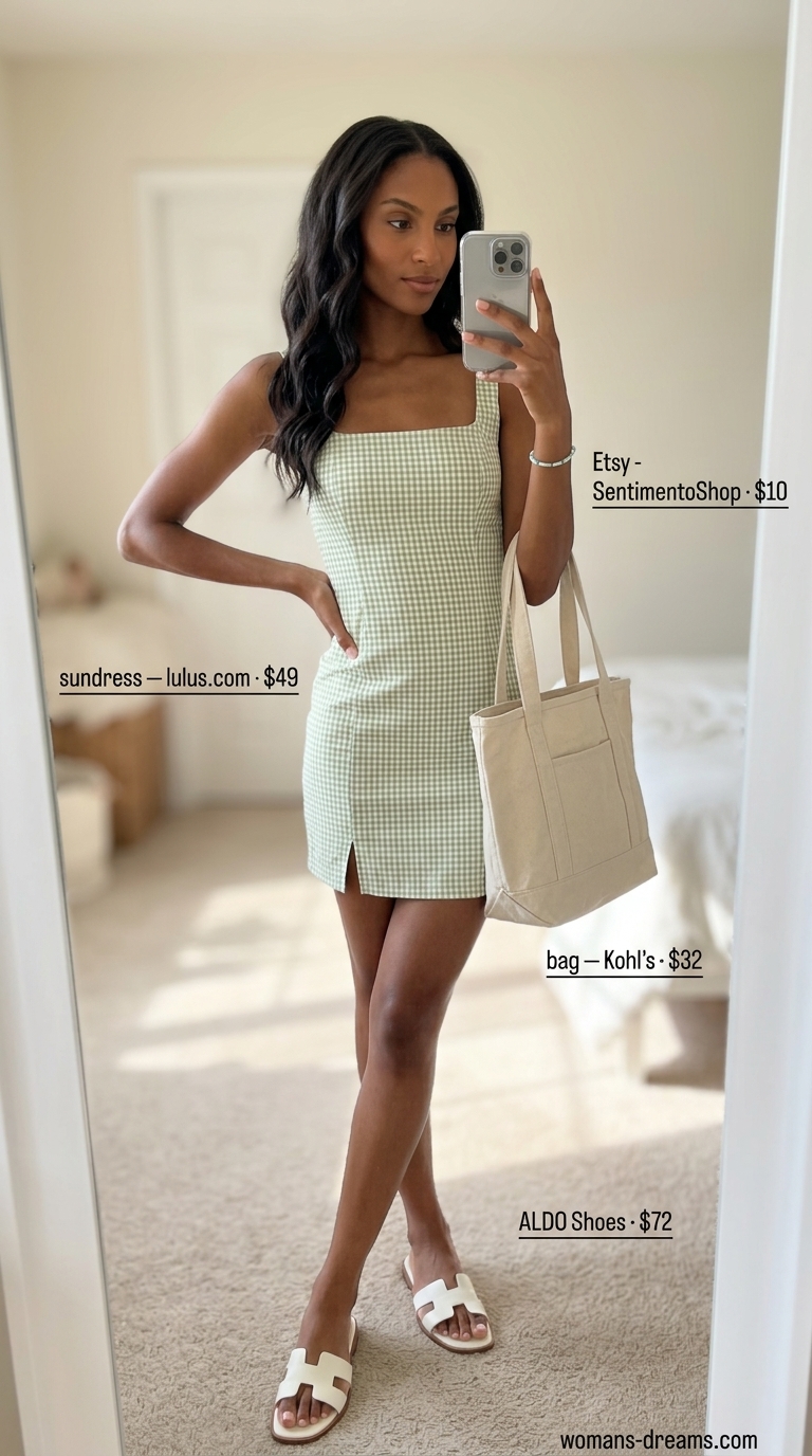 Green and white gingham summer sundress 2026 for a casual picnic, with slide sandals and a canvas tote.