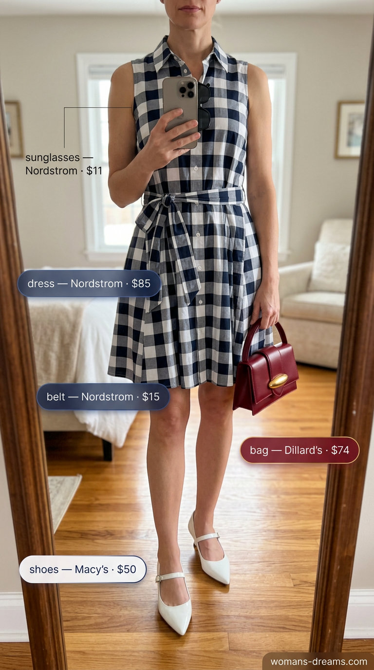 Retro navy and white gingham summer sundress 2026 for a diner date with cat-eye sunglasses and satchel.