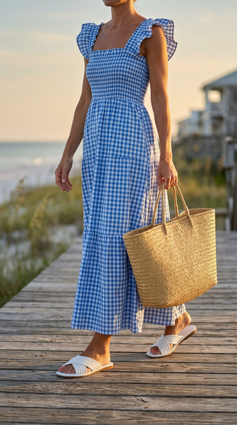 Blue and white gingham summer sundress 2026 for a beach day, with flat sandals and a straw hat.